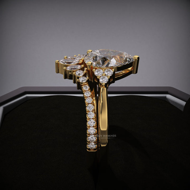 Pear Cluster Lab Grown Engagement Ring With Curved Diamond Stacking Band