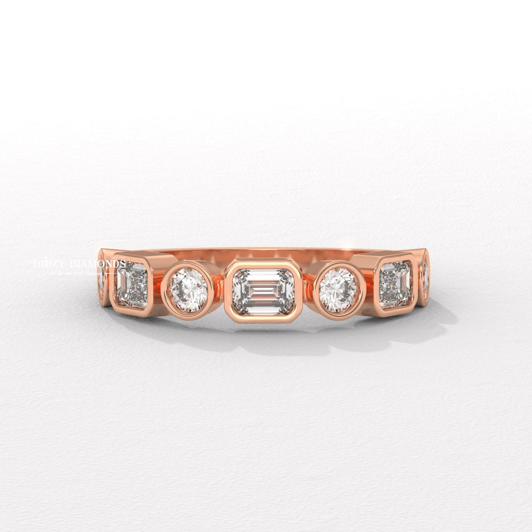 Round & Emerald Lab Created Diamond Bezel Set Wedding Band