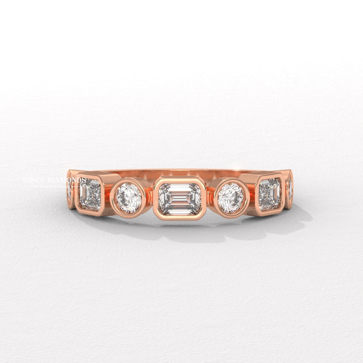 Round & Emerald Lab Created Diamond Bezel Set Wedding Band