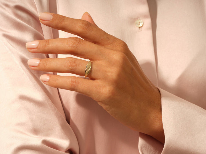 Bold Wavy Signet Ring 14k Solid Gold For Women
