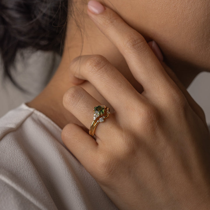 1.0CT-2.0CT Hex Cut Light Green/Yellow Australian Diamond Cluster Engagement Ring