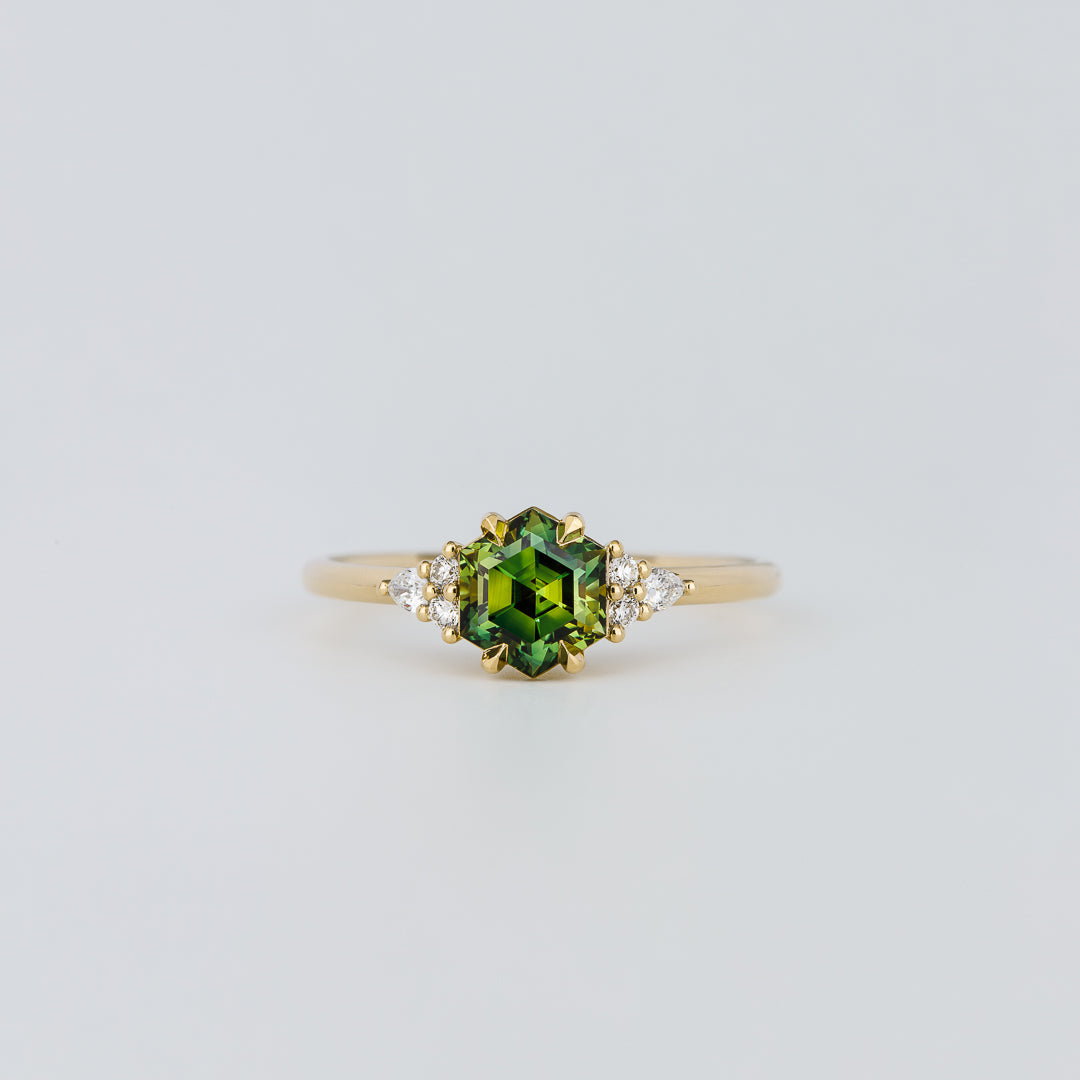 1.0CT-2.0CT Hex Cut Light Green/Yellow Australian Diamond Cluster Engagement Ring