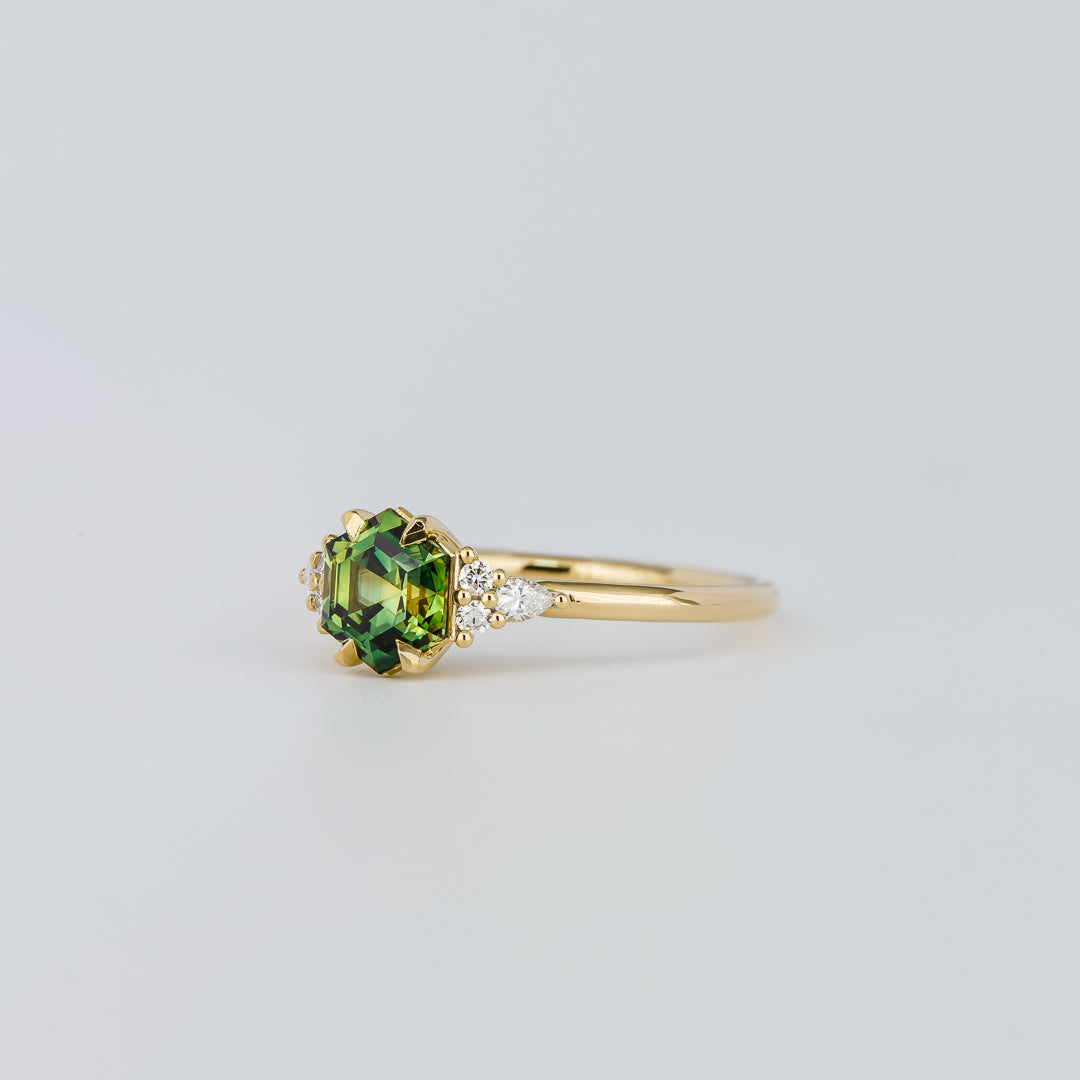 1.0CT-2.0CT Hex Cut Light Green/Yellow Australian Diamond Cluster Engagement Ring