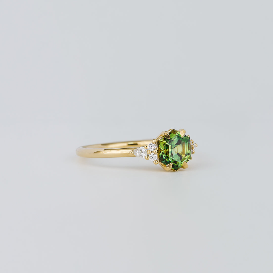1.0CT-2.0CT Hex Cut Light Green/Yellow Australian Diamond Cluster Engagement Ring