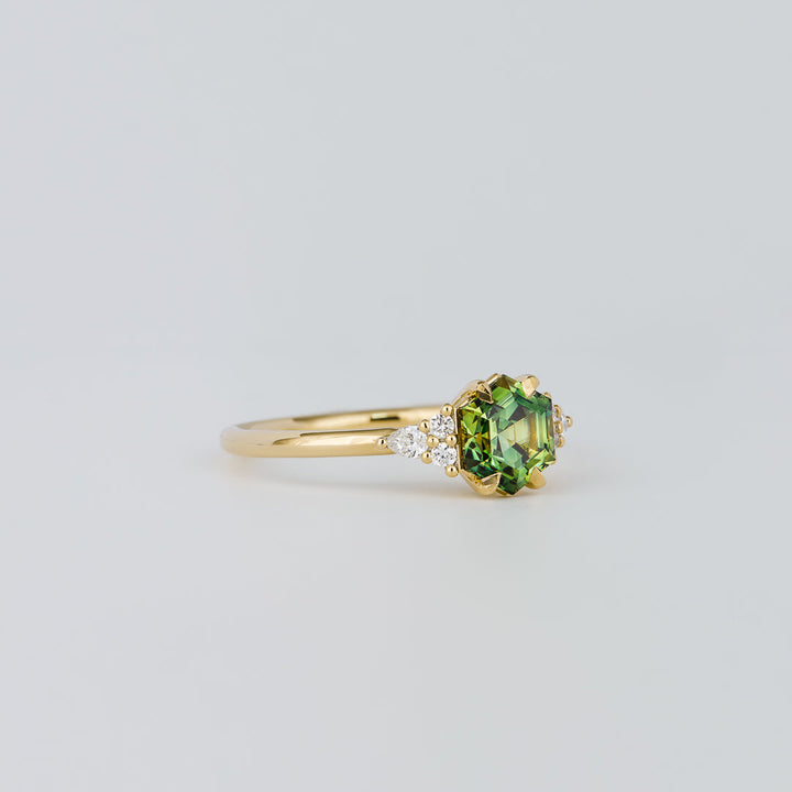 1.0CT-2.0CT Hex Cut Light Green/Yellow Australian Diamond Cluster Engagement Ring