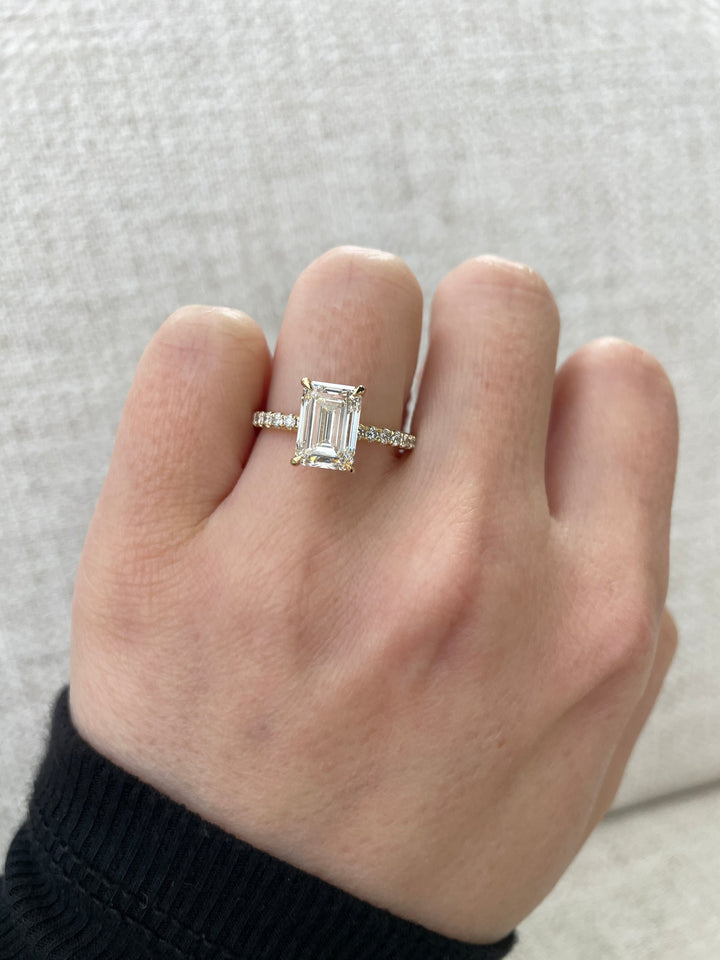 1.64-3.64 CT Emerald Cut Lab Grown Diamond Hidden Halo & Pave Engagement Ring