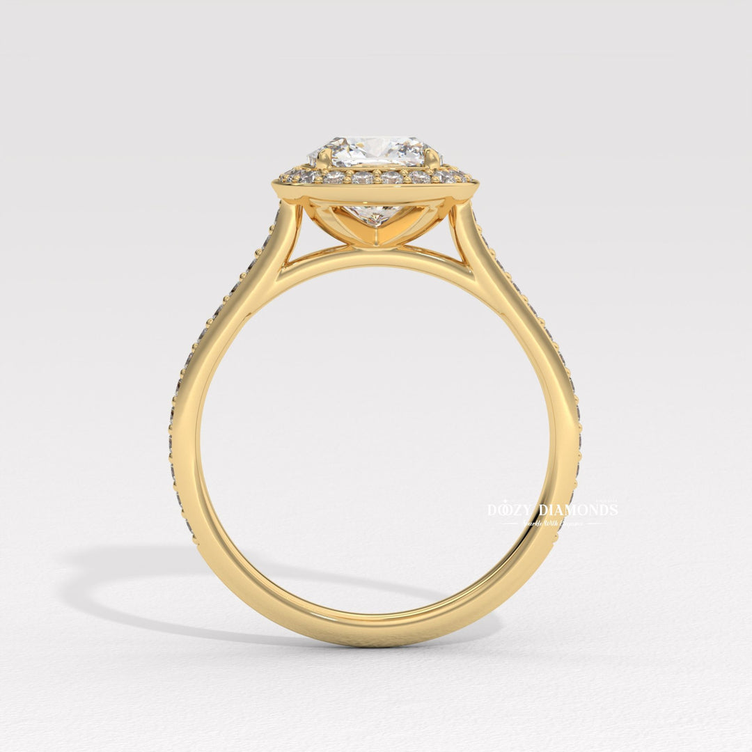 cushion halo engagement ring, lab grown diamond engagement ring, cushion cut diamond ring, halo diamond engagement ring, lab created diamond ring, cushion solitaire halo ring, sustainable diamond ring, ethical engagement ring, luxury engagement ring,