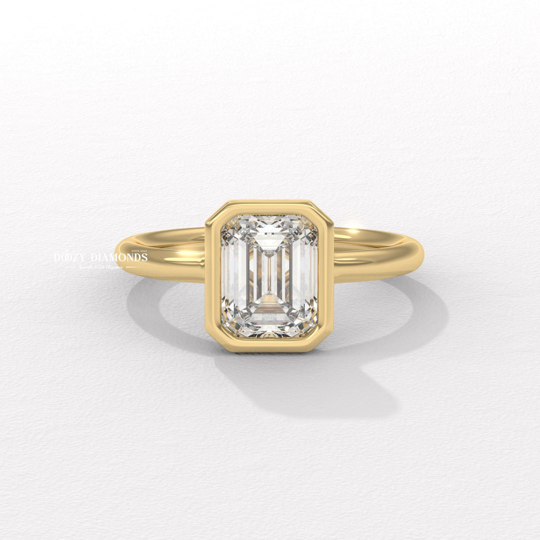 bezel set emerald diamond, emerald cut bezel ring, certified diamond engagement ring, emerald lab grown diamond, emerald lab diamond ring, step cut diamond ring, bezel engagement ring