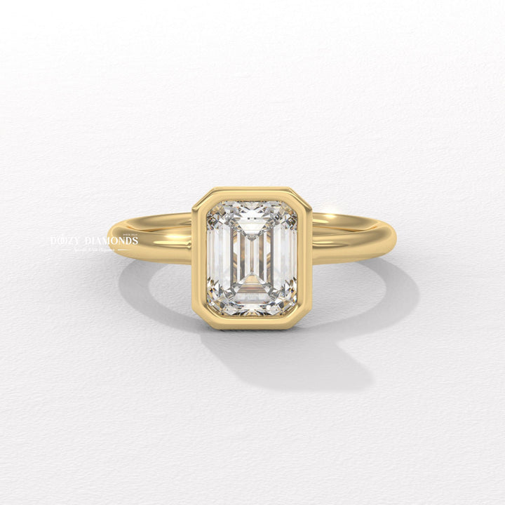 bezel set emerald diamond, emerald cut bezel ring, certified diamond engagement ring, emerald lab grown diamond, emerald lab diamond ring, step cut diamond ring, bezel engagement ring