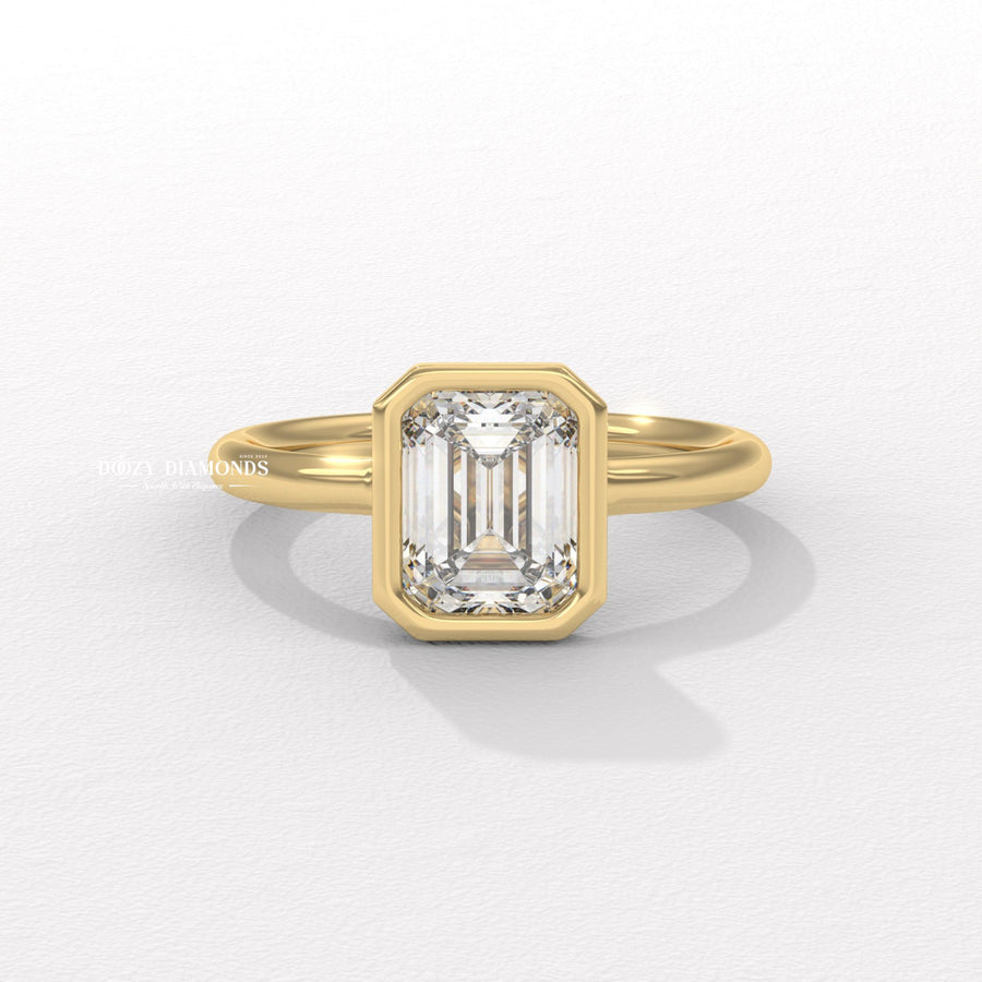 bezel set emerald diamond, emerald cut bezel ring, certified diamond engagement ring, emerald lab grown diamond, emerald lab diamond ring, step cut diamond ring, bezel engagement ring