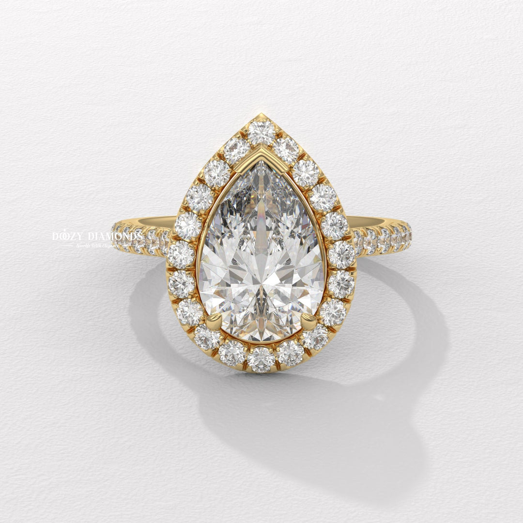 pear cut lab grown diamond ring, pear halo engagement ring, F VS lab grown diamond ring, IGI certified diamond ring, pear diamond engagement ring, halo diamond engagement ring,