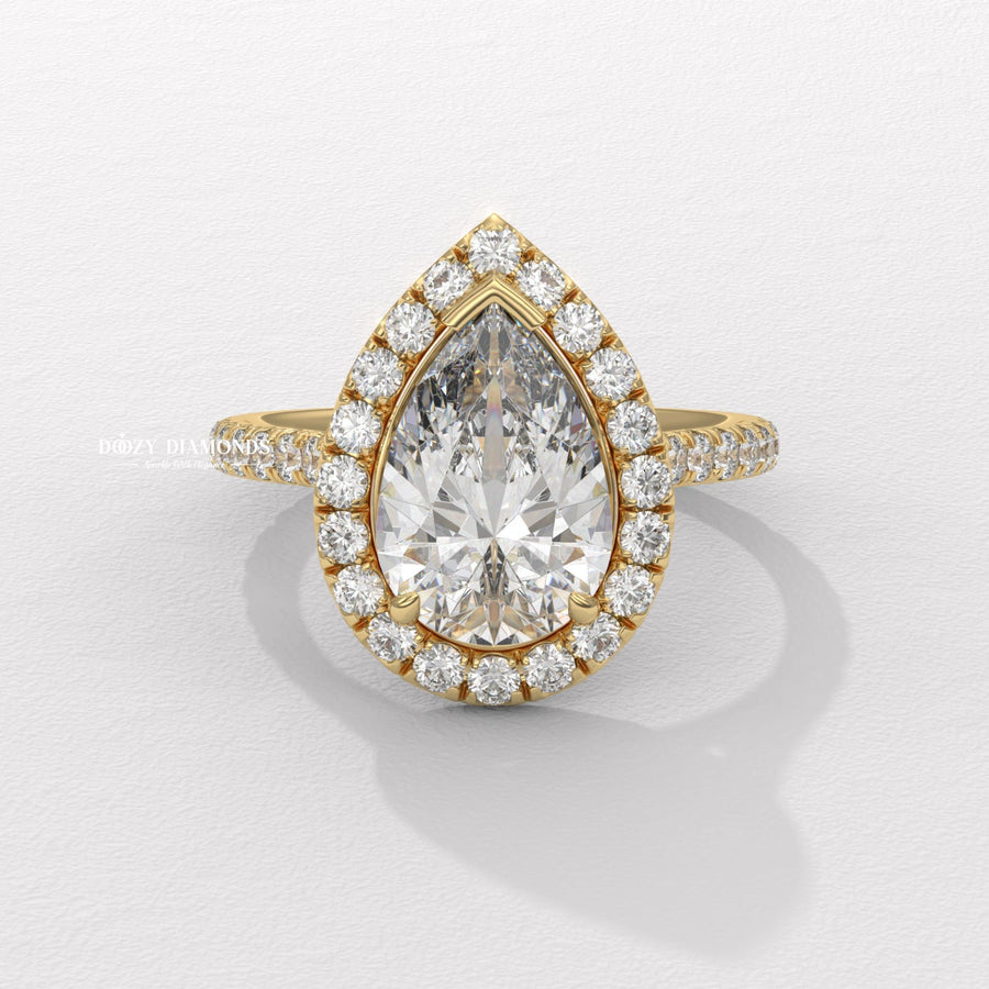 pear cut lab grown diamond ring, pear halo engagement ring, F VS lab grown diamond ring, IGI certified diamond ring, pear diamond engagement ring, halo diamond engagement ring,