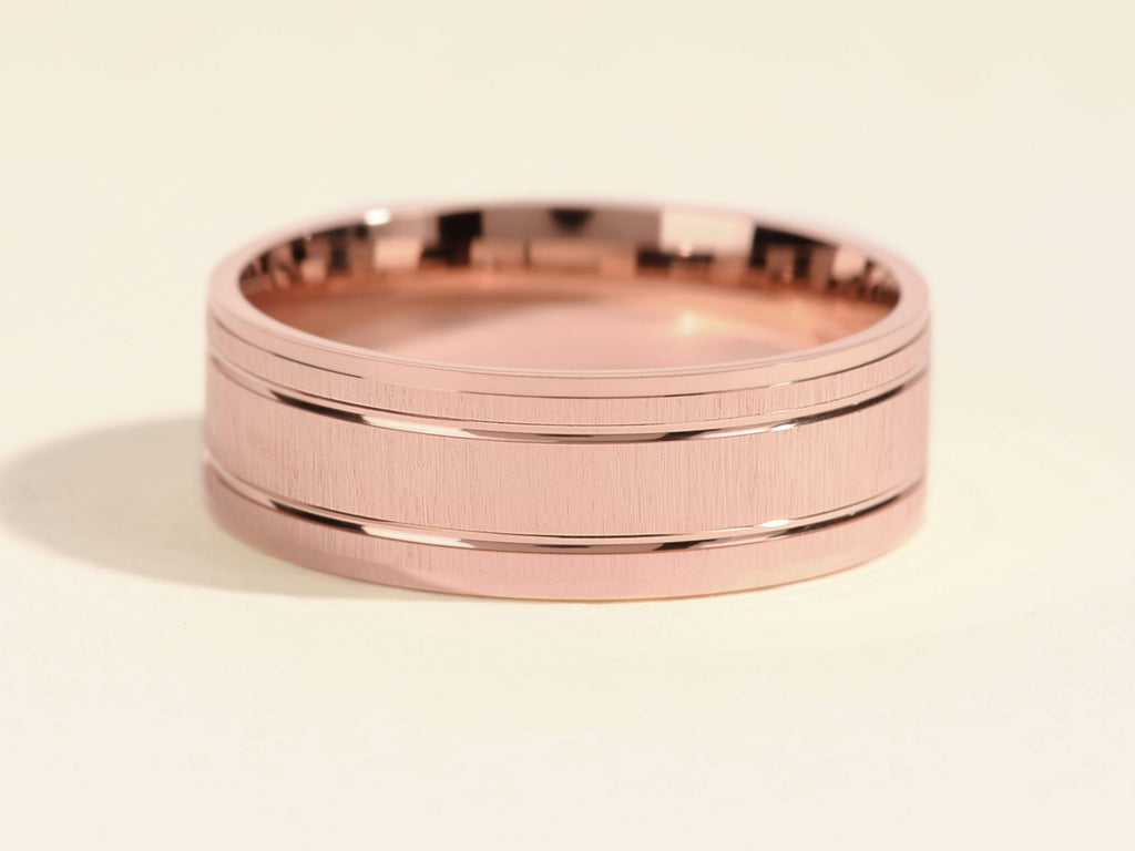 7.0mm Horizontal Thick Brushed & Double Grooved Men's Gold Wedding Band
