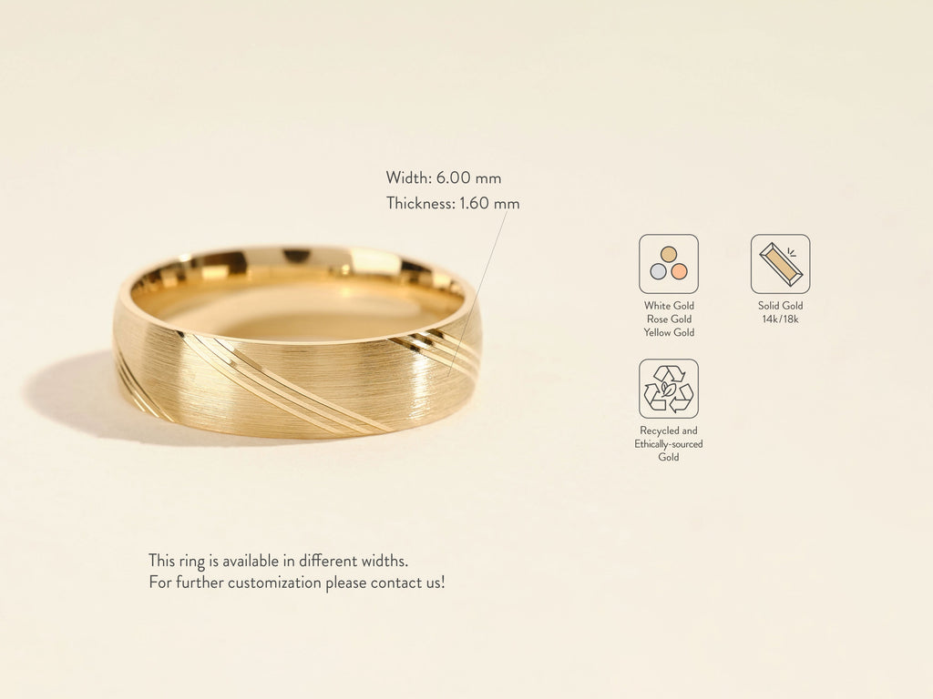 6.0mm Diagonal Lined Men's Gold Wedding Band