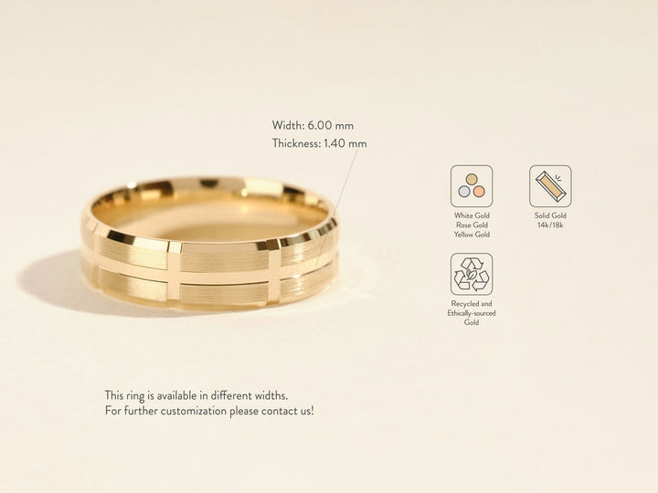 6.0mm Grooved Block Men's Gold Wedding Band