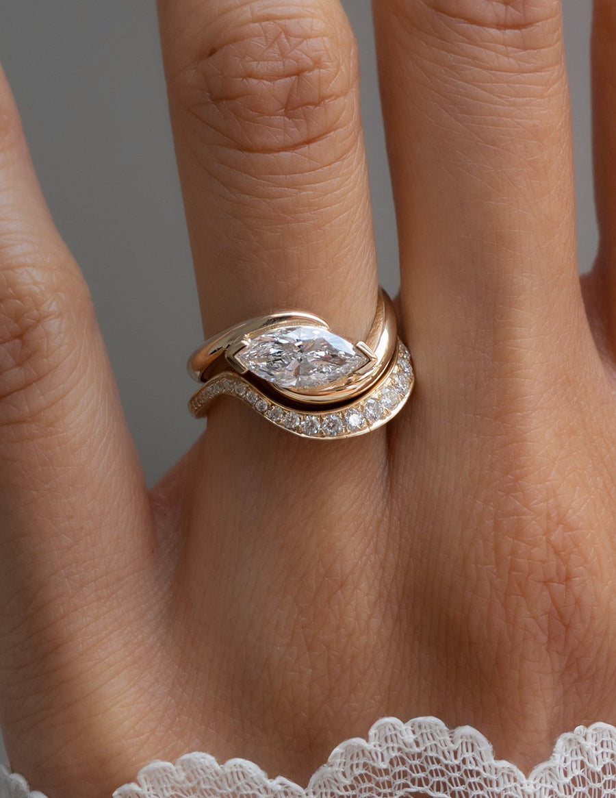 2.0CT East West Marquise E - VS Lab Grown Wave Bridal Ring Set With Classic Bands - Doozy Diamonds