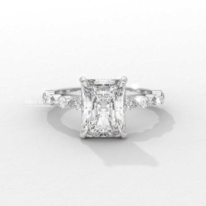 Radiant cut lab grown diamond ring
Marquise pavé engagement ring
Radiant diamond with marquise side stones