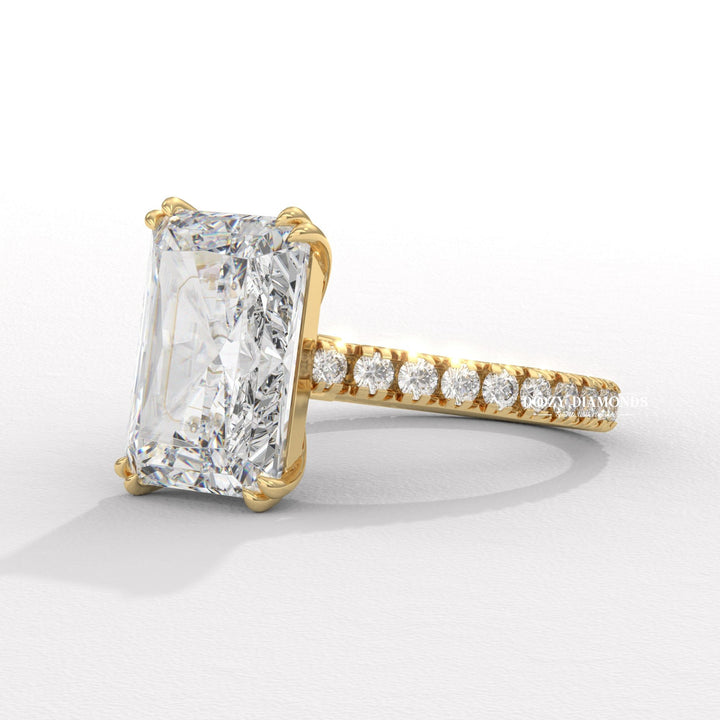 Modern radiant cut ring design
Radiant cut three stone ring
East-west radiant solitaire ring 
