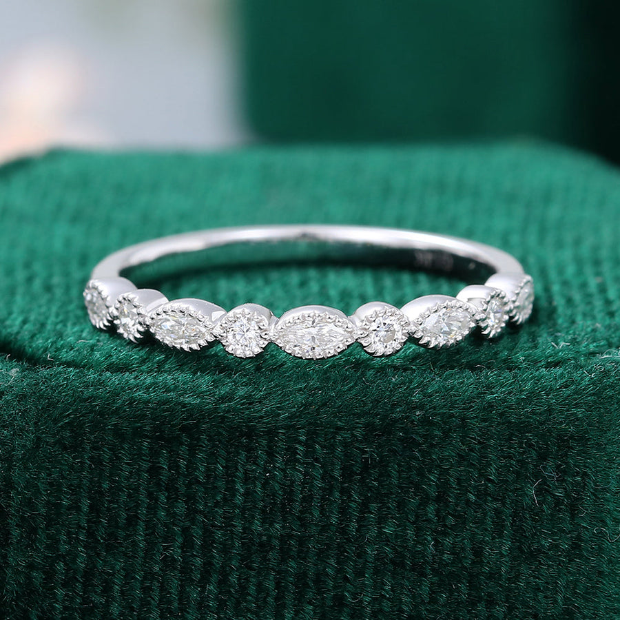marquise-round-moissanite-milgrain-style-wedding-band