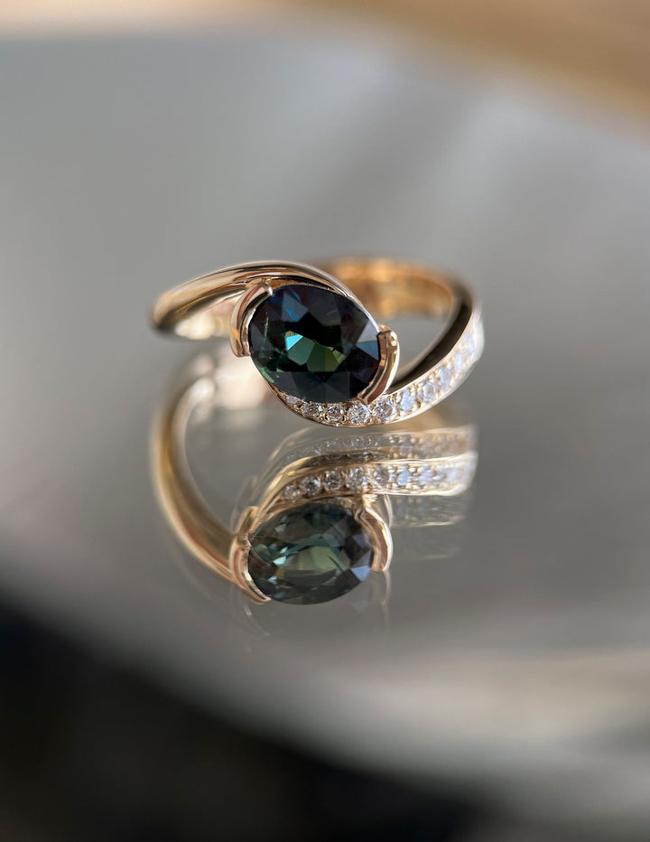 1.0CT-2.0CT Green-Blue Oval Cut Lab Grown Diamond Unique Pave Engagement Ring