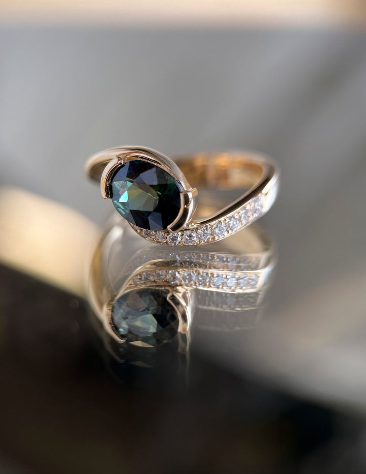 1.0CT-2.0CT Green-Blue Oval Cut Lab Grown Diamond Unique Pave Engagement Ring