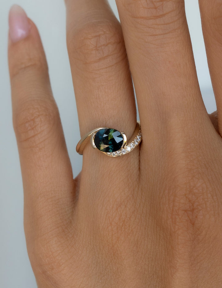 1.0CT-2.0CT Green-Blue Oval Cut Lab Grown Diamond Unique Pave Engagement Ring