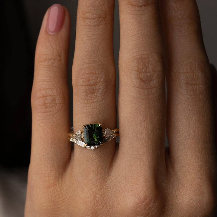 1.50CT-2.50CT  Radiant cut Australian Teal Sapphire Lab Grown Diamond Three Stone Engagement Ring