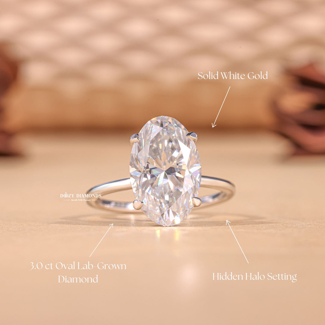 3.0CT-4.0CT Elongated Oval E/VS1 Lab Grown Hidden Halo Solitaire Engagement Ring