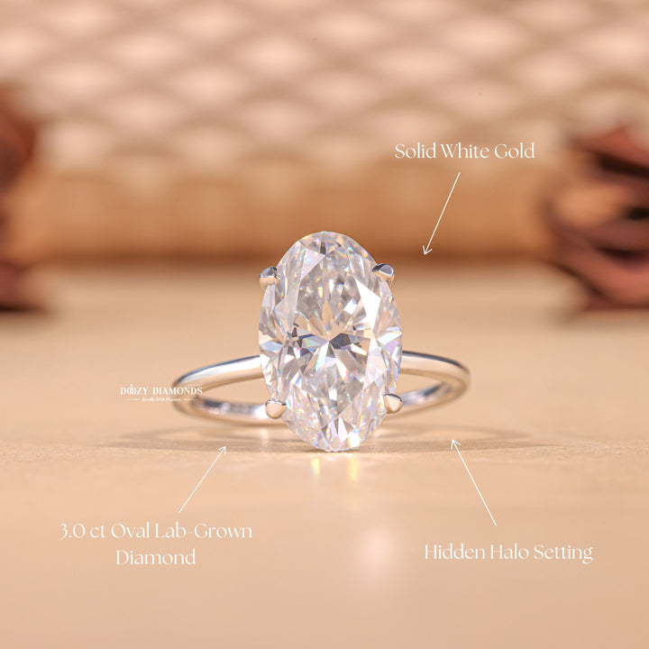 3.0CT-4.0CT Elongated Oval E/VS1 Lab Grown Hidden Halo Solitaire Engagement Ring