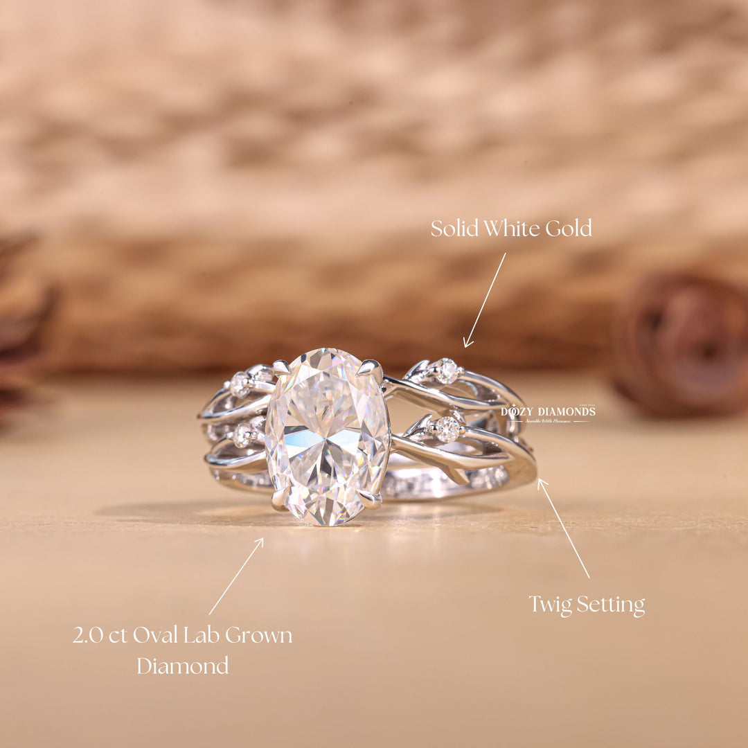 2.50CT Oval Cut EF-VS2 Lab Grown Twig Engagement Ring with Stacking Wedding Band
