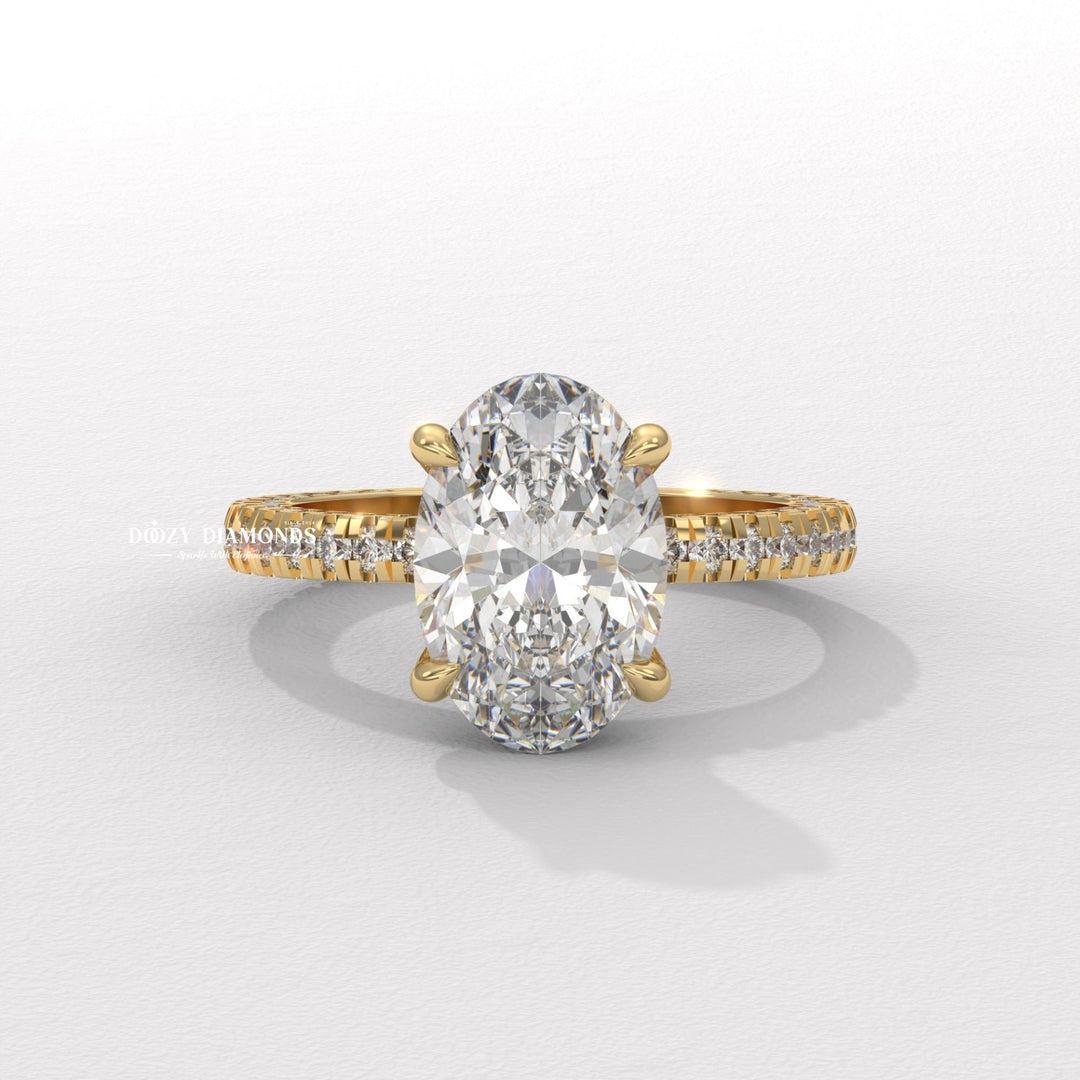 Oval cut lab grown diamond ring
Three side pavé engagement ring
Oval diamond three row pavé band