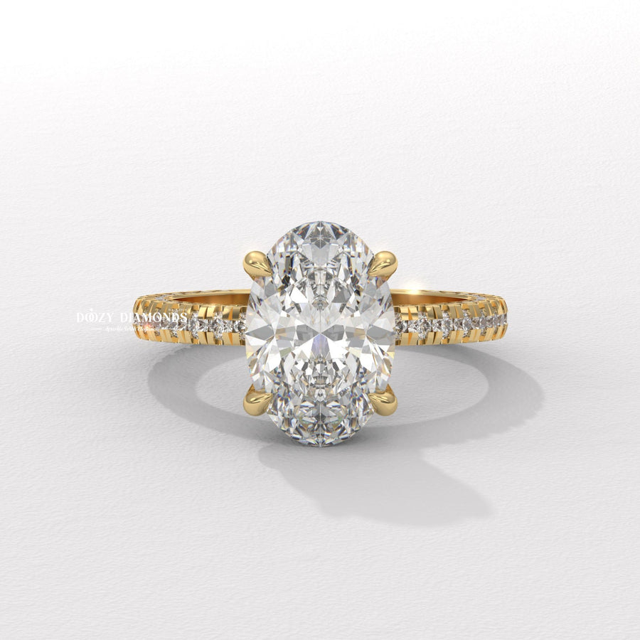 Oval cut lab grown diamond ring
Three side pavé engagement ring
Oval diamond three row pavé band