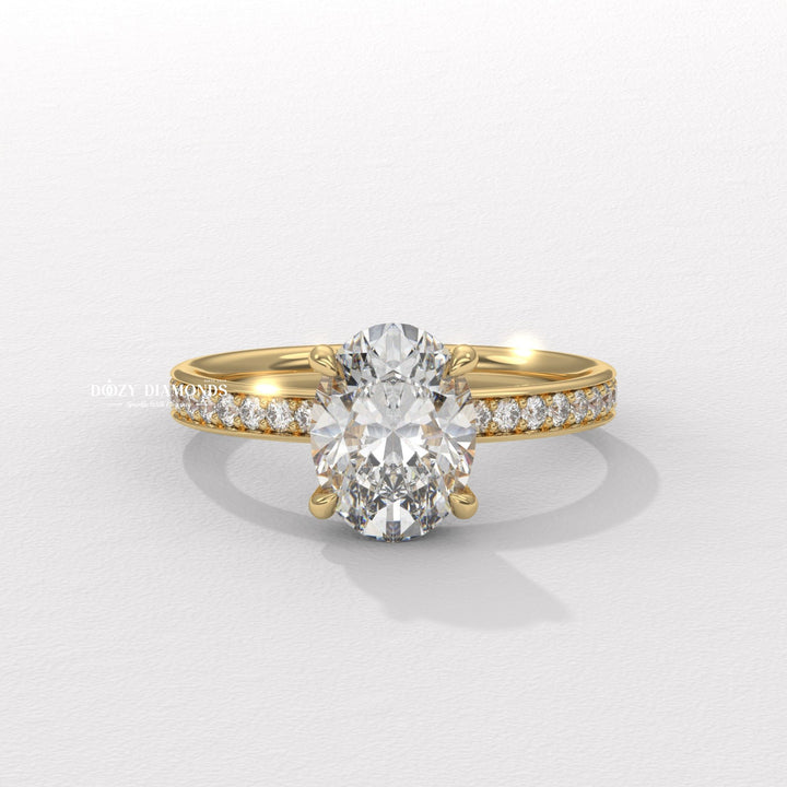 Oval cut lab grown diamond ring
Channel set engagement ring
Oval diamond channel set band