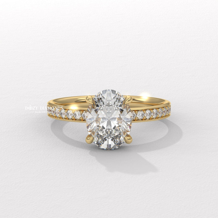Oval cut lab grown diamond ring
Channel set engagement ring
Oval diamond channel set band