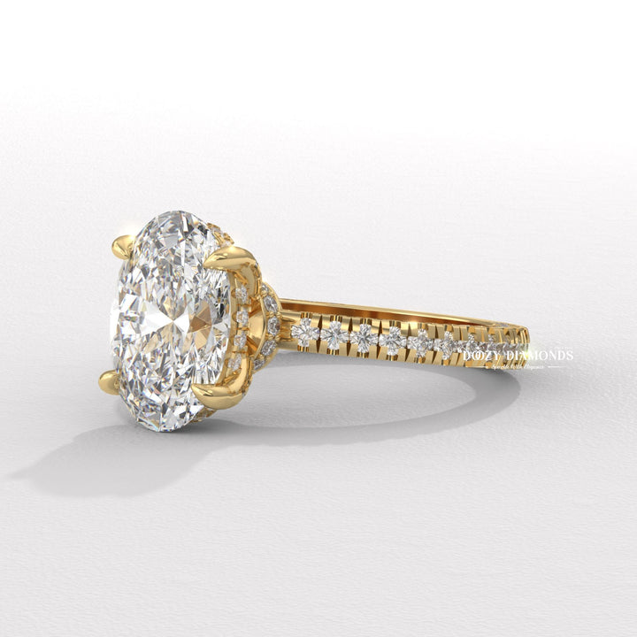 Oval cut lab grown diamond ring
Three side pavé engagement ring
Oval diamond three row pavé band
Triple pavé band oval ring
