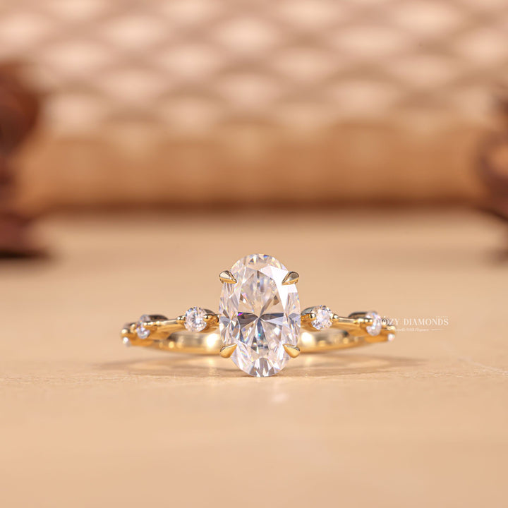 Oval engraved engagement ring, Oval halo diamond engagement ring, Oval solitaire diamond engagement ring, Oval unique diamond engagement ring