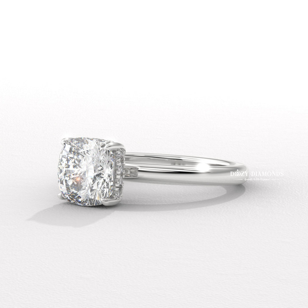 Classic cushion cut
Minimalist hidden halo
Brilliant cut lab diamond
Pave set band hidden halo