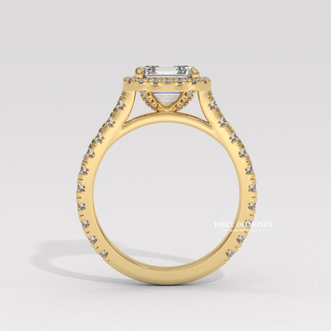 Asscher cut ring
Diamond halo ring
Pave set ring
Asscher cut engagement ring