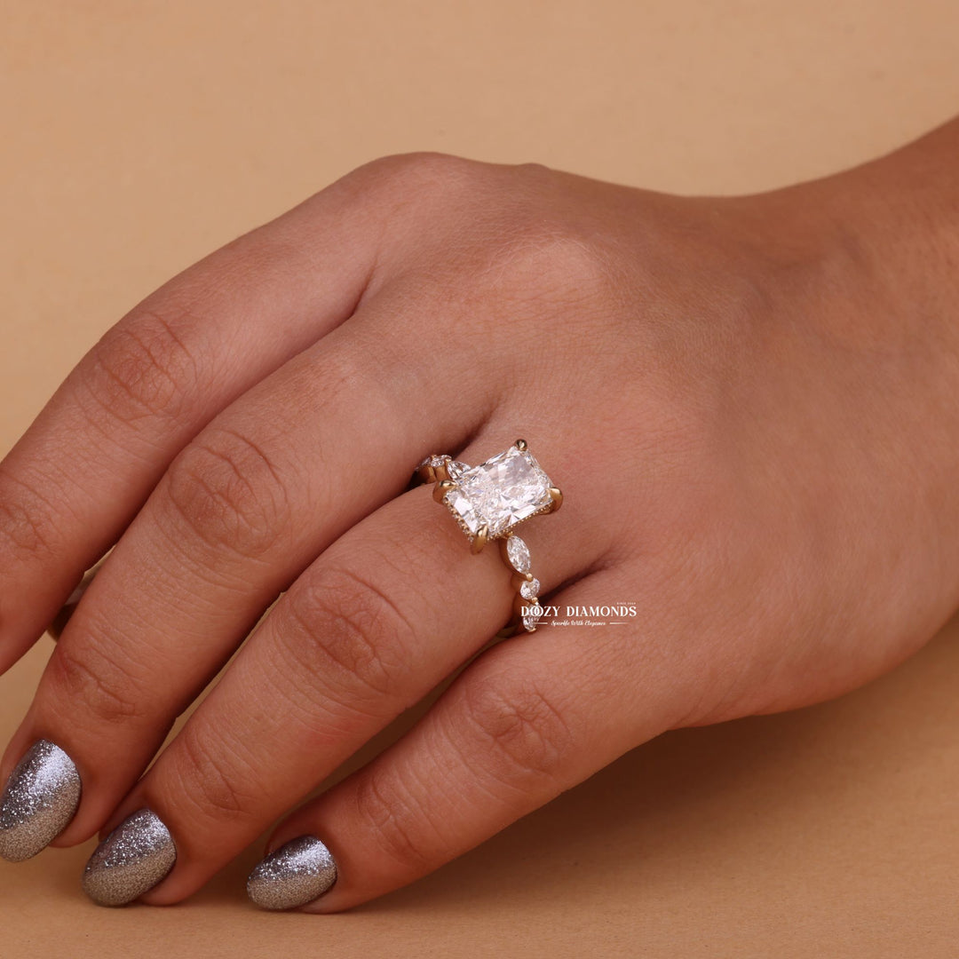 Radiant side stone engagement ring, Radiant cathedral engagement ring, Radiant bezel engagement ring, Radiant tension set engagement ring,