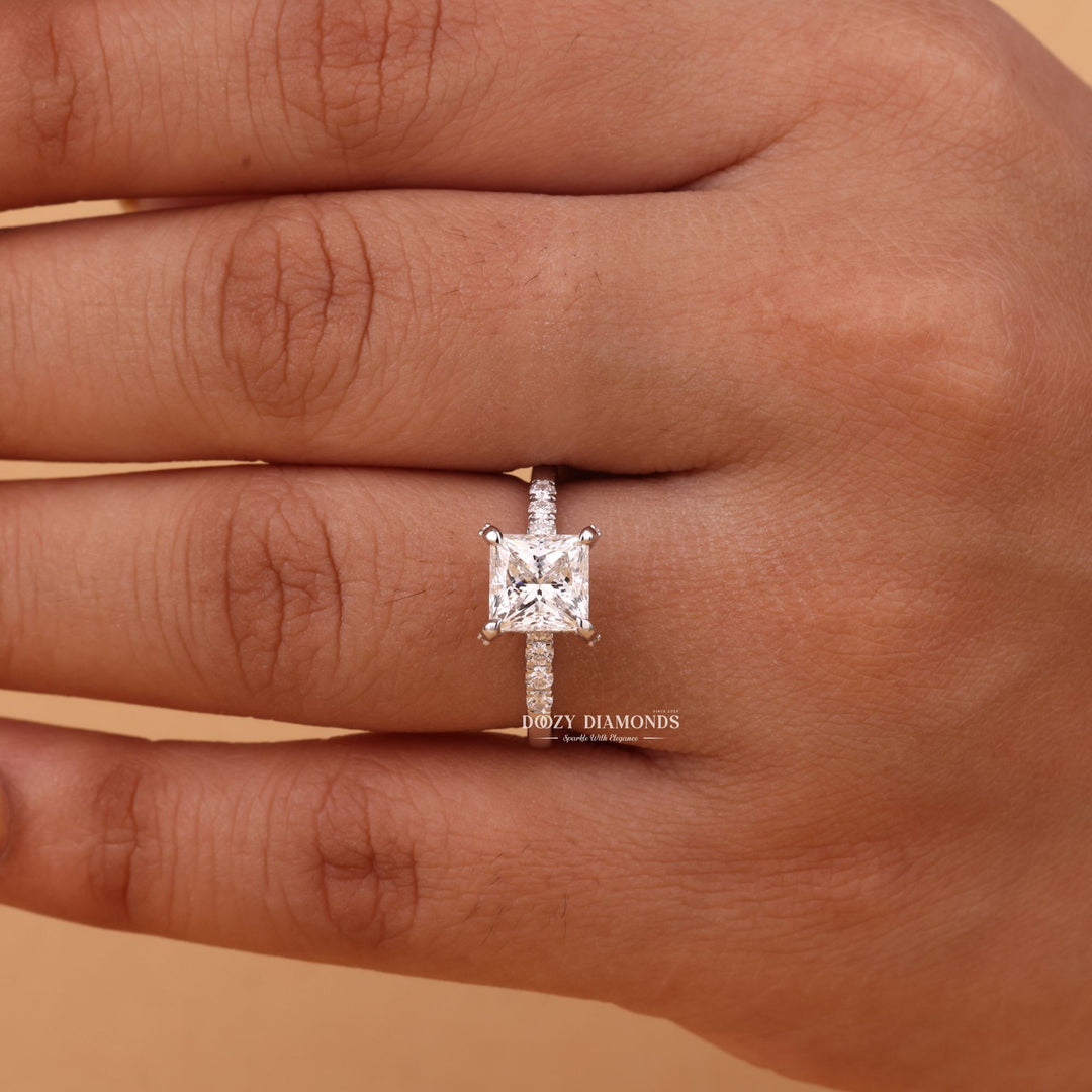 1.0CT-2.0CT Princess Cut F/VS1 Lab Grown Hidden Halo Diamond Engagement Ring