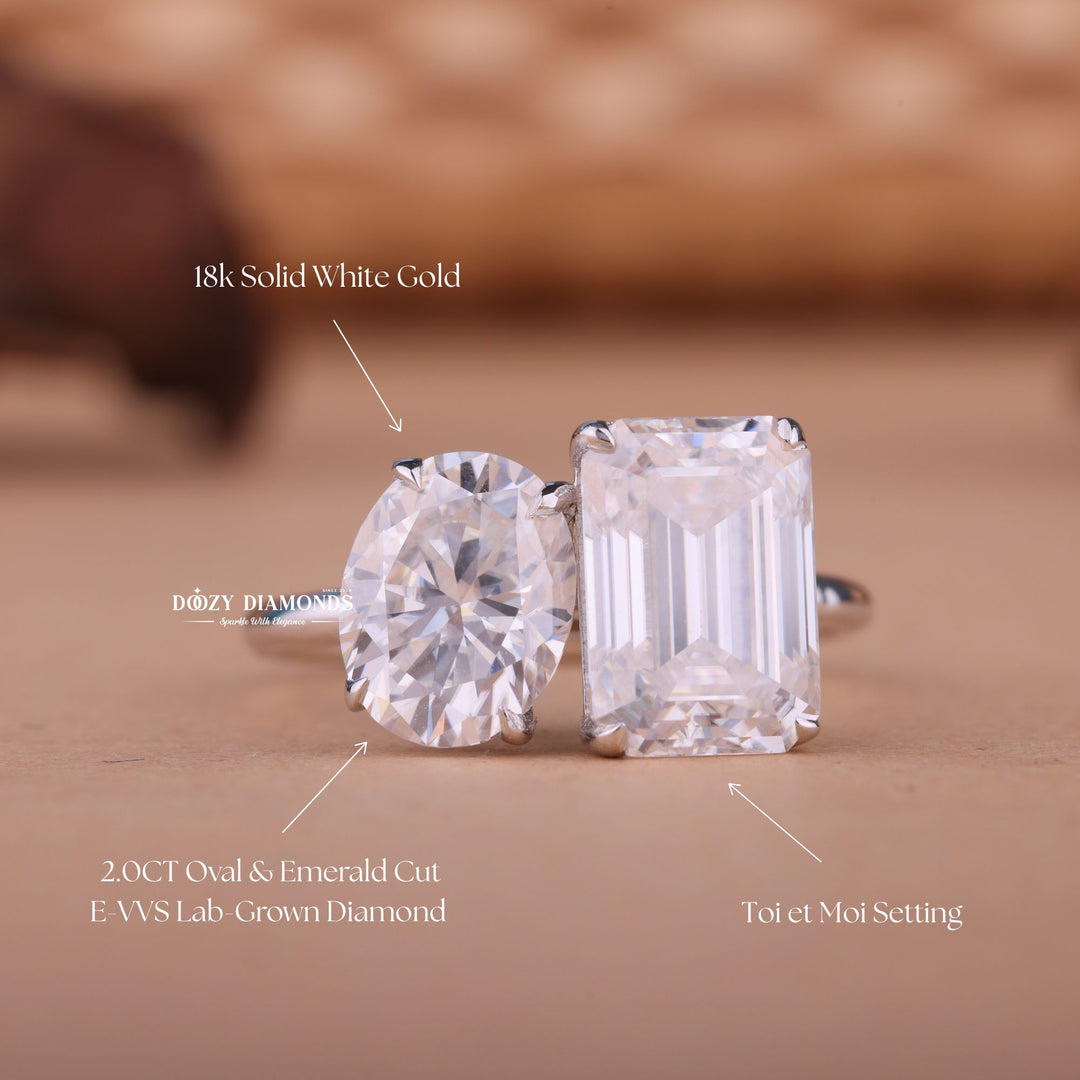 1.50CT-2.50CT Oval & Emerald F/VS1 Lab Grown Diamond Toi et Moi Engagement Ring