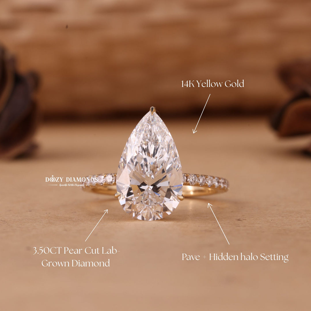 3.50CT-4.50CT Pear Cut E/VS2 Lab Grown Diamond Hidden Halo Engagement Ring