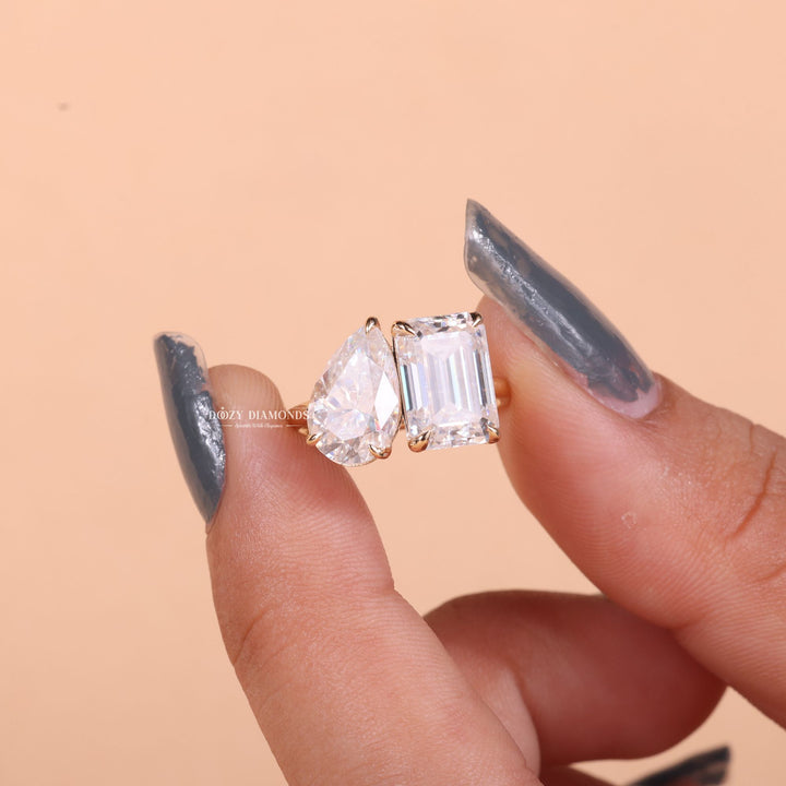Pear & Emerald Cut Lab Grown Toi et Moi Diamond E/VS2 Engagement Ring