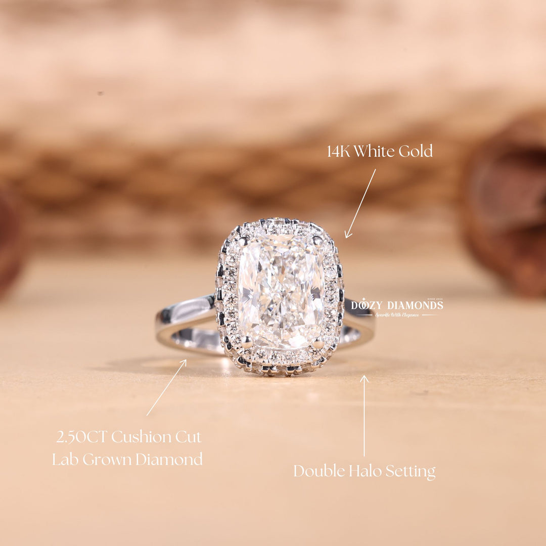 2.50CT-3.50CT Cushion Cut E/VS1 Lab Grown Double Halo Diamond Engagement Ring