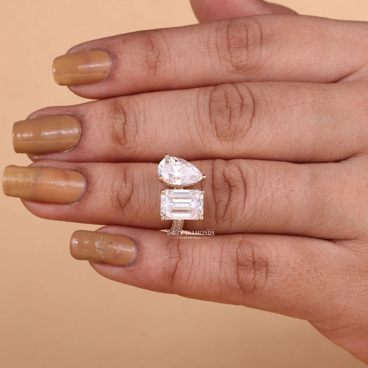 Pear & Emerald Cut Lab Grown Toi et Moi Diamond F/VS1 Micro Pave Engagement Ring