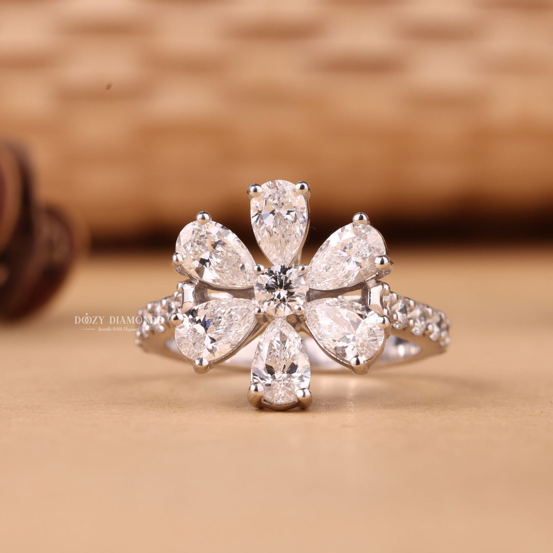 Round & Pear Cut E/VS1 Lab Grown Diamond Flower Engagement Ring