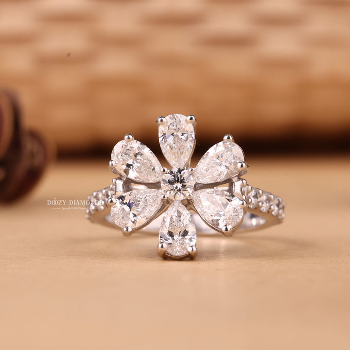 Round & Pear Cut E/VS1 Lab Grown Diamond Flower Engagement Ring