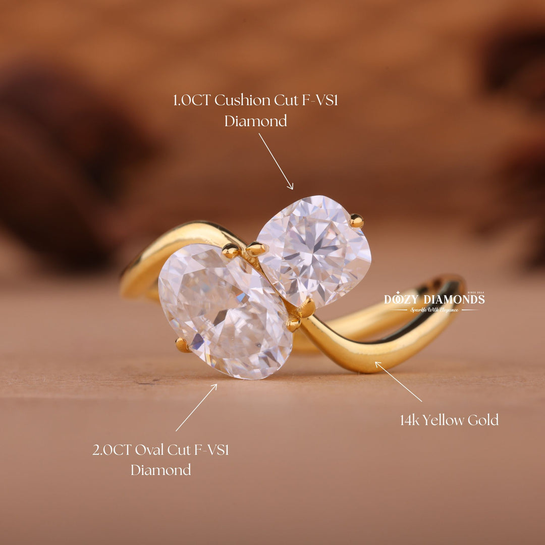 Cushion & Oval Cut Lab Grown Diamond Toi et Moi Engagement Ring