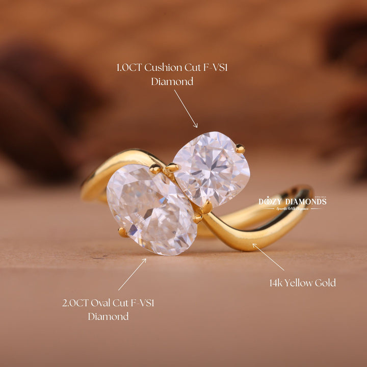 Cushion & Oval Cut Lab Grown Diamond Toi et Moi Engagement Ring