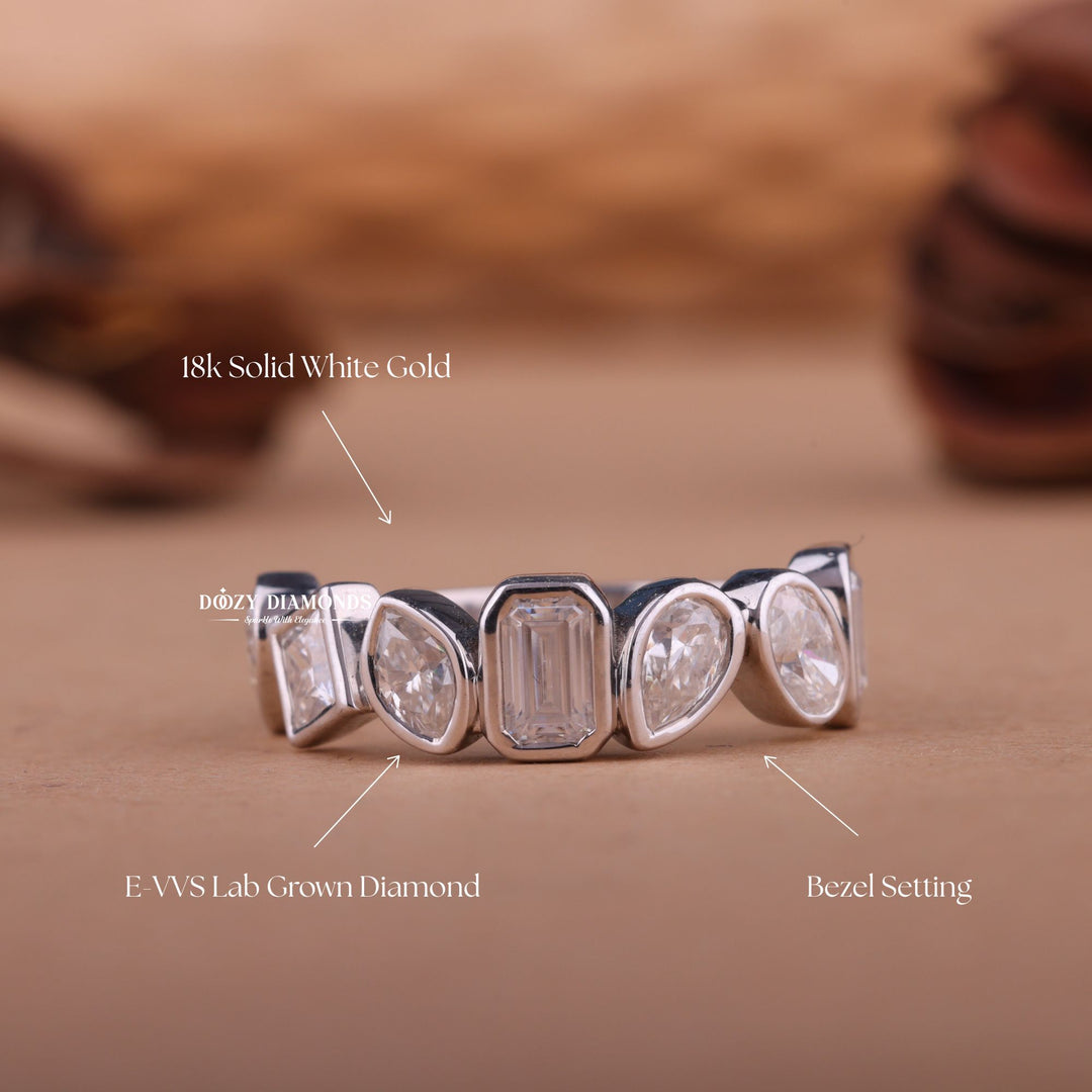 Bezel Set Mix Shape EF/VVS Diamond Lab Grown Half Eternity Wedding Band